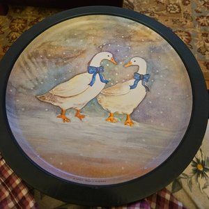 vintage 80s metal round tray 2 geese ducks w/blue bows